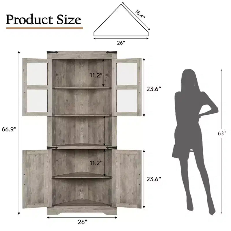 Armoire d'angle haute, Armoire de rangement d'angle de style fermier avec porte vitrée et étagères réglables, Armoire de salle de bain