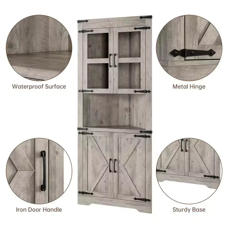 Armoire d'angle haute, Armoire de rangement d'angle de style fermier avec porte vitrée et étagères réglables, Armoire de salle de bain