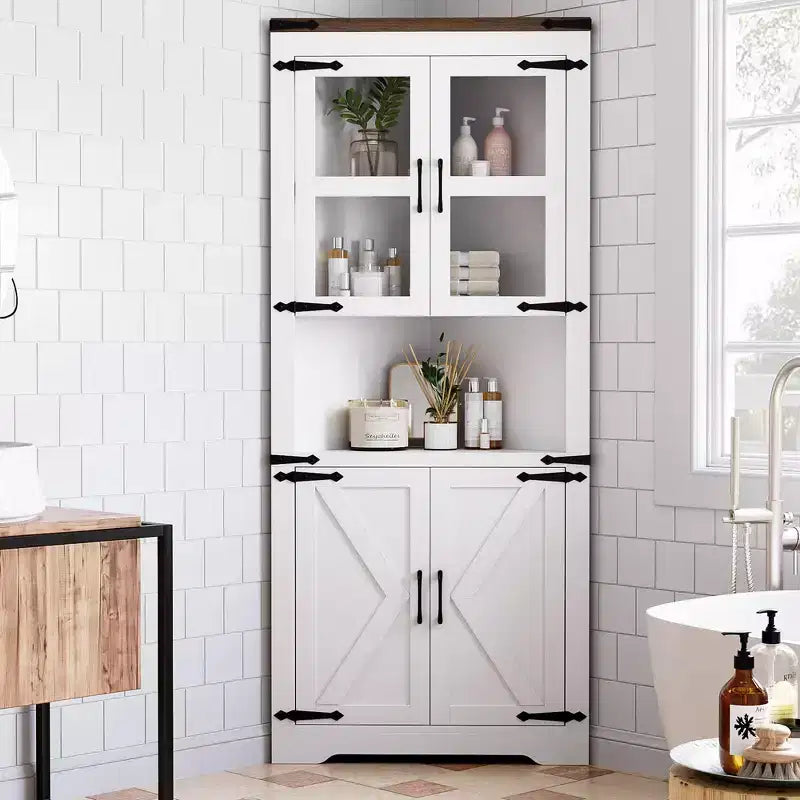 Armoire d'angle haute, Armoire de rangement d'angle de style fermier avec porte vitrée et étagères réglables, Armoire de salle de bain