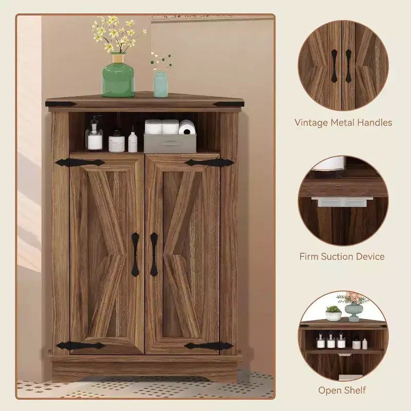 Armoire de rangement d'angle avec porte de grange, armoire d'angle de style ferme sur pied avec étagères réglables, armoire de rangement pour bureau à domicile