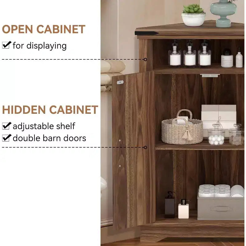 Armoire de rangement d'angle avec porte de grange, armoire d'angle de style ferme sur pied avec étagères réglables, armoire de rangement pour bureau à domicile