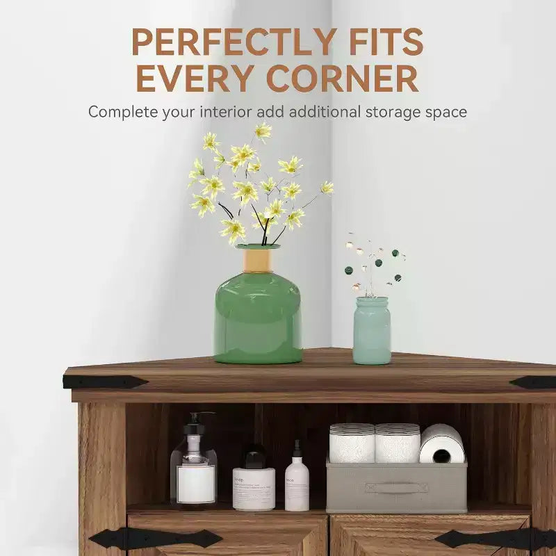 Armoire de rangement d'angle avec porte de grange, armoire d'angle de style ferme sur pied avec étagères réglables, armoire de rangement pour bureau à domicile