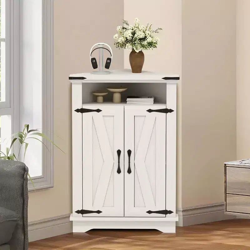 Armoire de rangement d'angle avec porte de grange, armoire d'angle de style ferme sur pied avec étagères réglables, armoire de rangement pour bureau à domicile