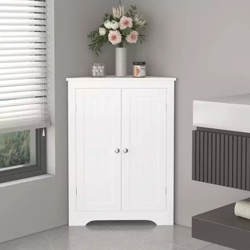 JVNOXK Compact freestanding corner cabinet with two doors and adjustable shelves, standalone unit suitable for bathrooms and kitchens, white