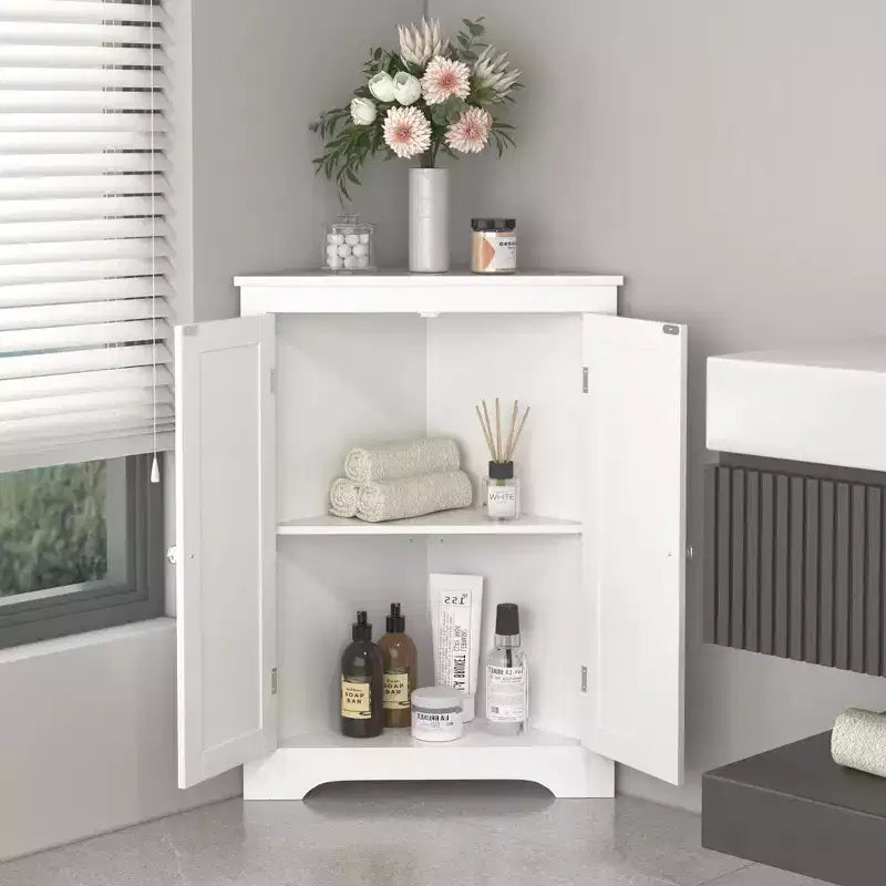 JVNOXK Meuble d'angle compact autoportant avec deux portes et étagères réglables, unité indépendante convenant aux salles de bains et aux cuisines, blanc