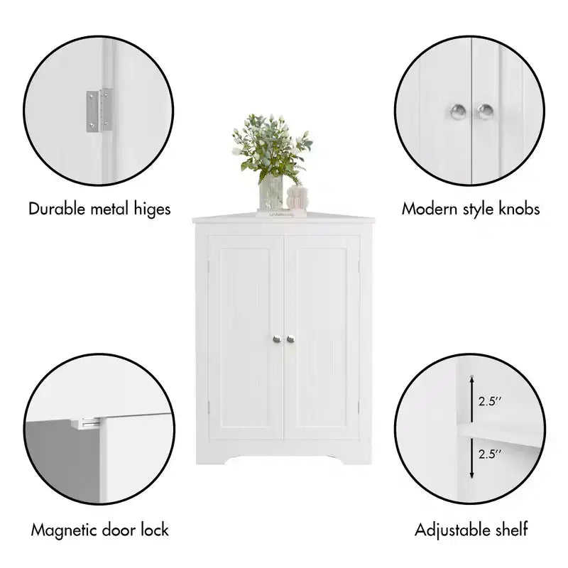 JVNOXK Meuble d'angle compact autoportant avec deux portes et étagères réglables, unité indépendante convenant aux salles de bains et aux cuisines, blanc