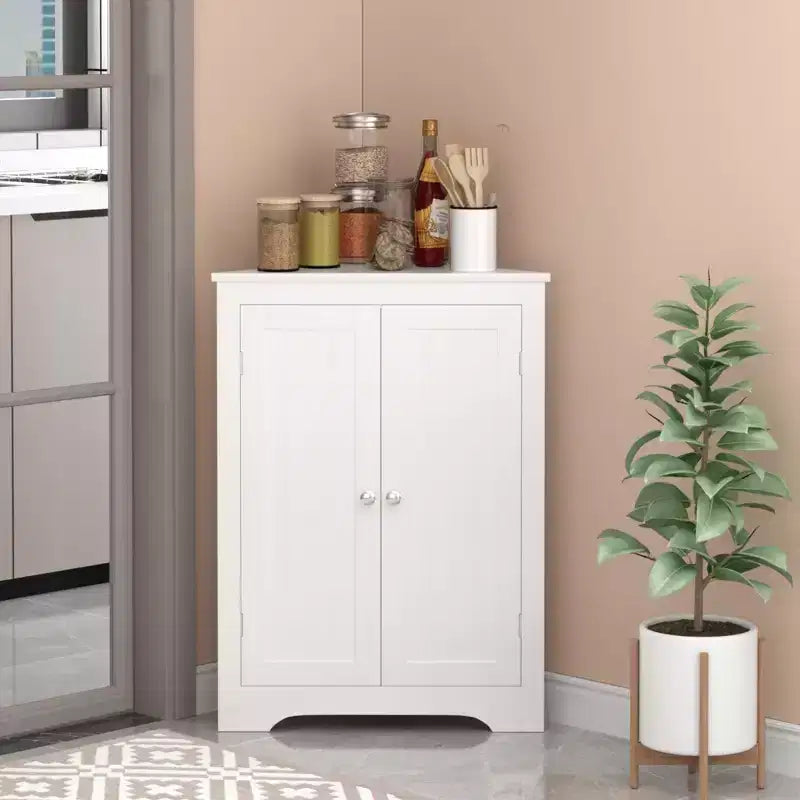 JVNOXK Meuble d'angle compact autoportant avec deux portes et étagères réglables, unité indépendante convenant aux salles de bains et aux cuisines, blanc