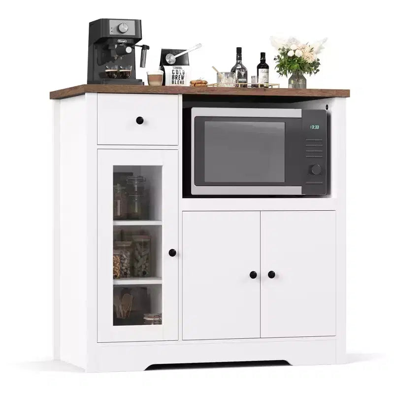 Coolmee Meuble de Cuisine Micro-ondes avec Rangement et Tiroirs, Buffet Moderne Compact avec Portes Vitrées et Étagère Réglable, Buffet en Bois