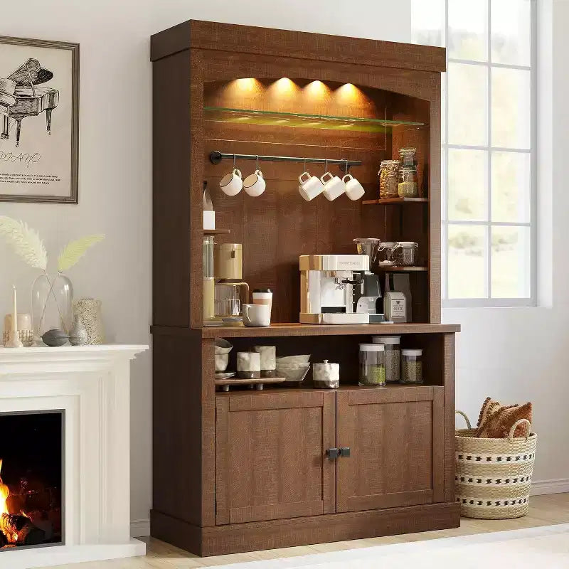 Meuble de bar à café de 72 po de hauteur de style campagnard, buffet de rangement pour garde-manger de cuisine avec étagères réglables, vaisselier