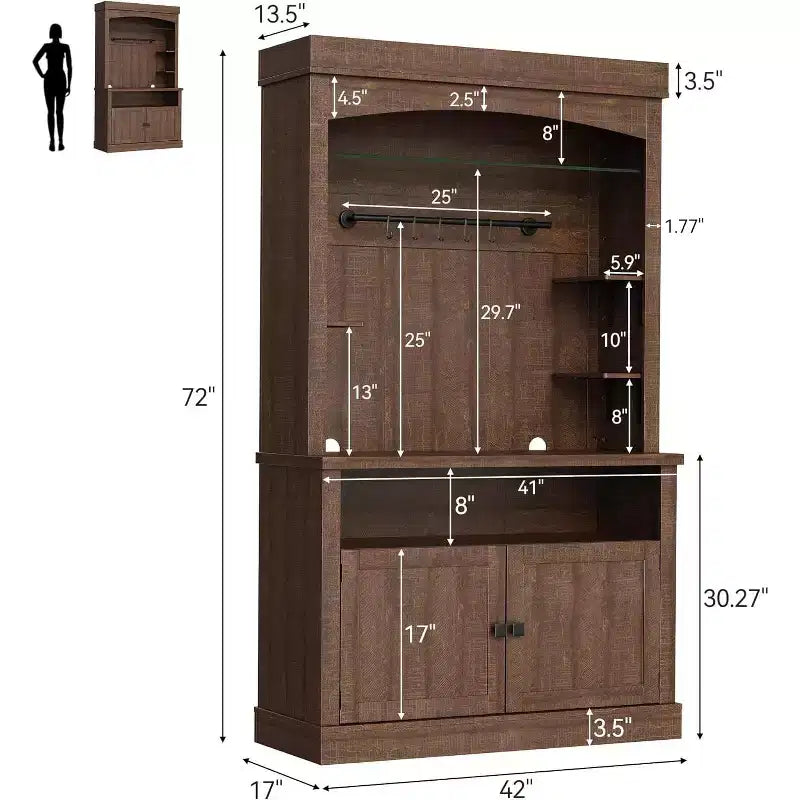 Meuble de bar à café de 72 po de hauteur de style campagnard, buffet de rangement pour garde-manger de cuisine avec étagères réglables, vaisselier