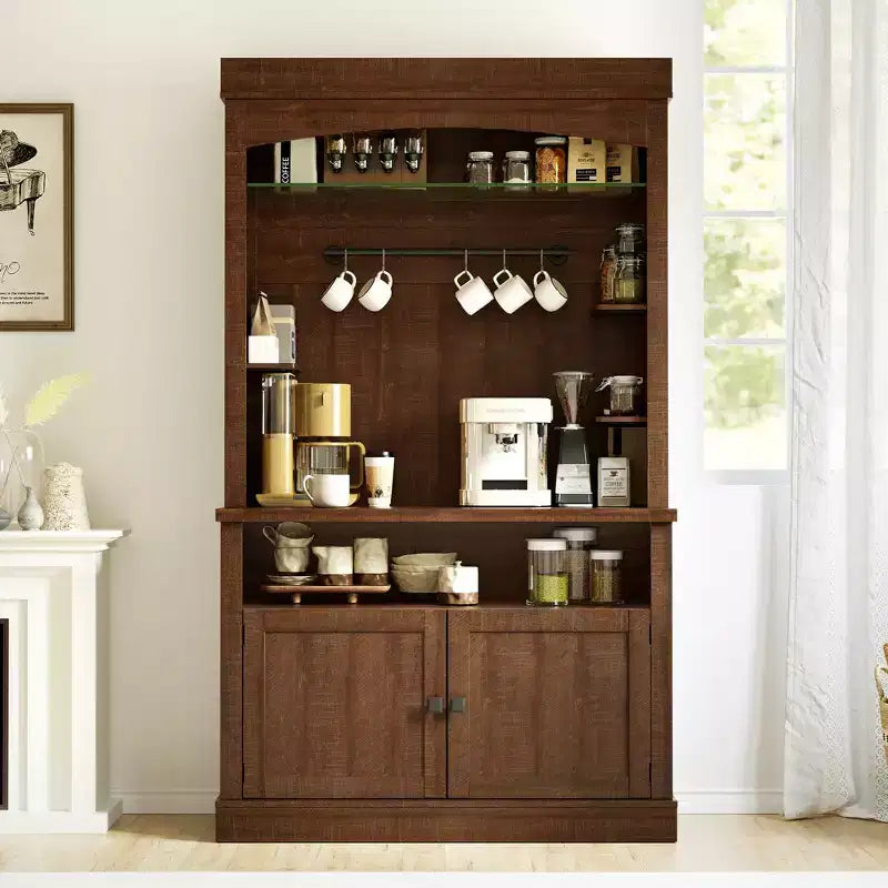 Meuble de bar à café de 72 po de hauteur de style campagnard, buffet de rangement pour garde-manger de cuisine avec étagères réglables, vaisselier