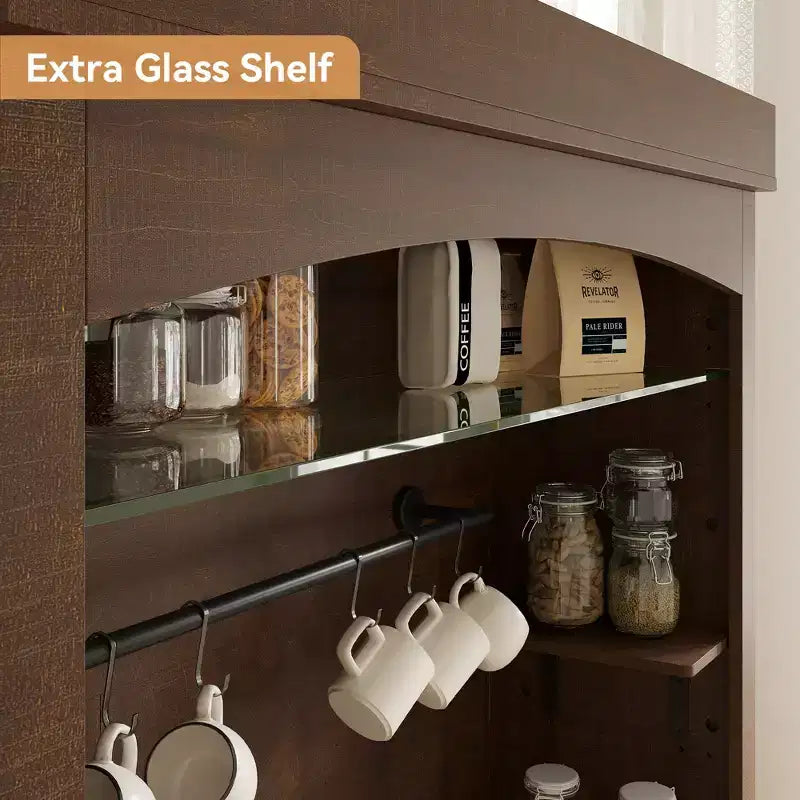 Meuble de bar à café de 72 po de hauteur de style campagnard, buffet de rangement pour garde-manger de cuisine avec étagères réglables, vaisselier