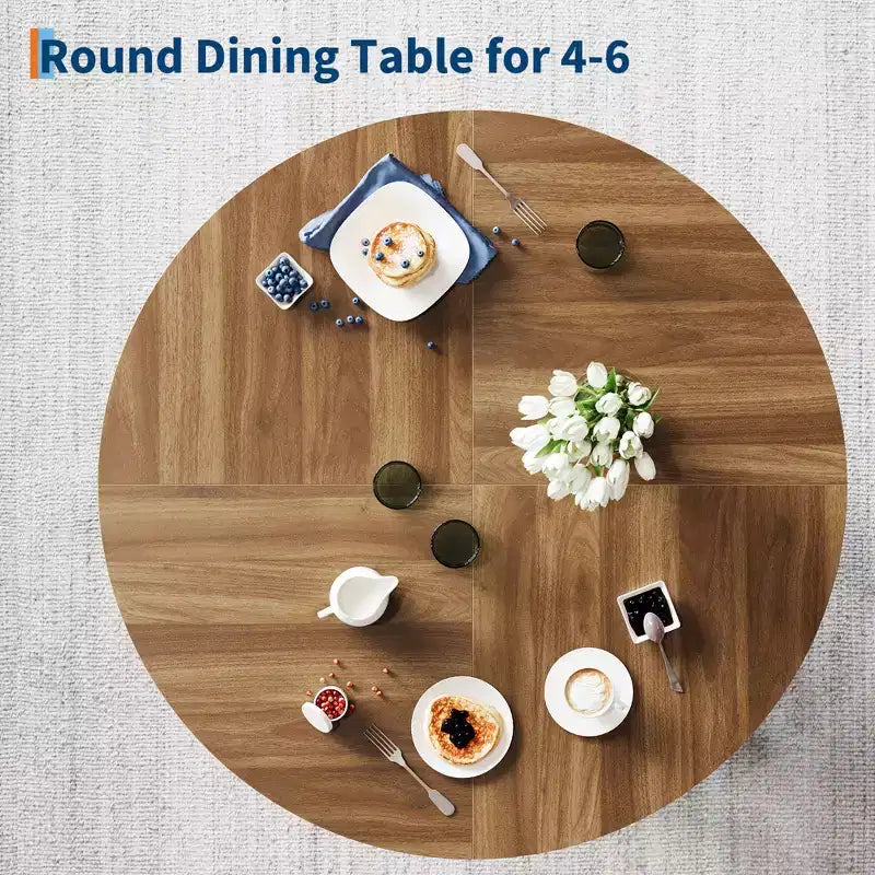 Table à manger ronde style ferme moderne pour 4 à 6 personnes en bois de noyer, piétement robuste à 4 pieds, table circulaire compacte pour cuisine, salle à manger, appartement
