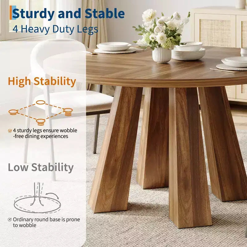 Table à manger ronde style ferme moderne pour 4 à 6 personnes en bois de noyer, piétement robuste à 4 pieds, table circulaire compacte pour cuisine, salle à manger, appartement