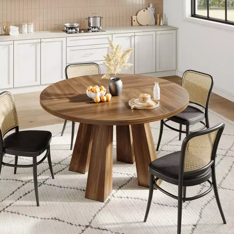 Table à manger ronde style ferme moderne pour 4 à 6 personnes en bois de noyer, piétement robuste à 4 pieds, table circulaire compacte pour cuisine, salle à manger, appartement