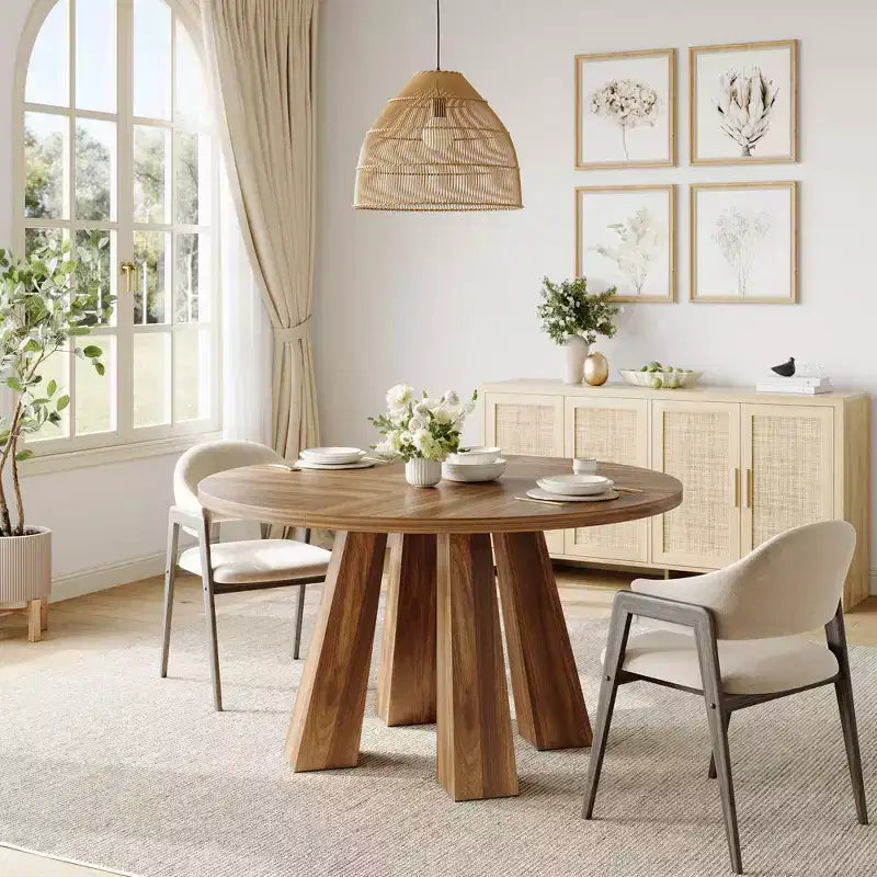Table à manger ronde style ferme moderne pour 4 à 6 personnes en bois de noyer, piétement robuste à 4 pieds, table circulaire compacte pour cuisine, salle à manger, appartement