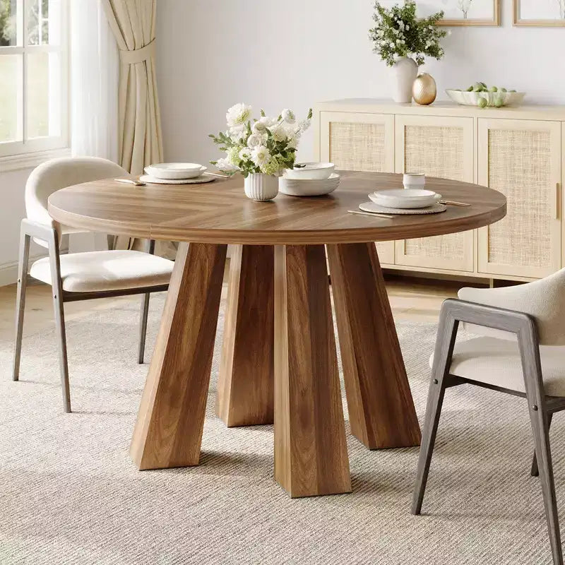 Table à manger ronde style ferme moderne pour 4 à 6 personnes en bois de noyer, piétement robuste à 4 pieds, table circulaire compacte pour cuisine, salle à manger, appartement