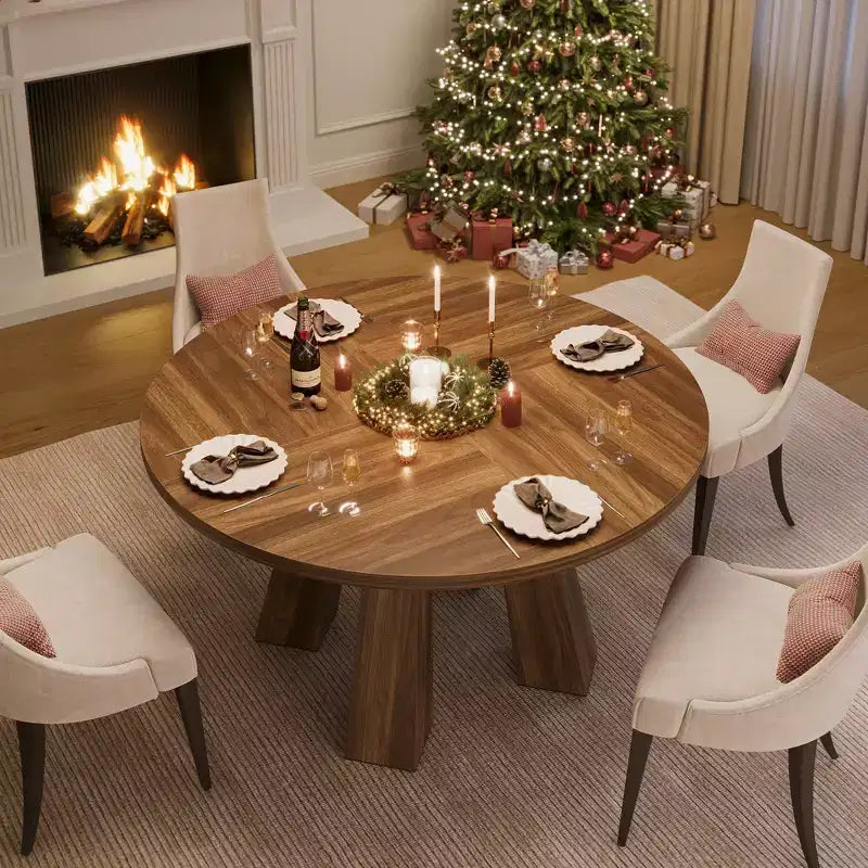 Table à manger ronde style ferme moderne pour 4 à 6 personnes en bois de noyer, piétement robuste à 4 pieds, table circulaire compacte pour cuisine, salle à manger, appartement