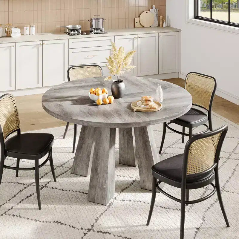 Table à manger ronde style ferme moderne pour 4 à 6 personnes en bois de noyer, piétement robuste à 4 pieds, table circulaire compacte pour cuisine, salle à manger, appartement