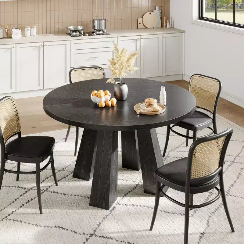 Table à manger ronde style ferme moderne pour 4 à 6 personnes en bois de noyer, piétement robuste à 4 pieds, table circulaire compacte pour cuisine, salle à manger, appartement