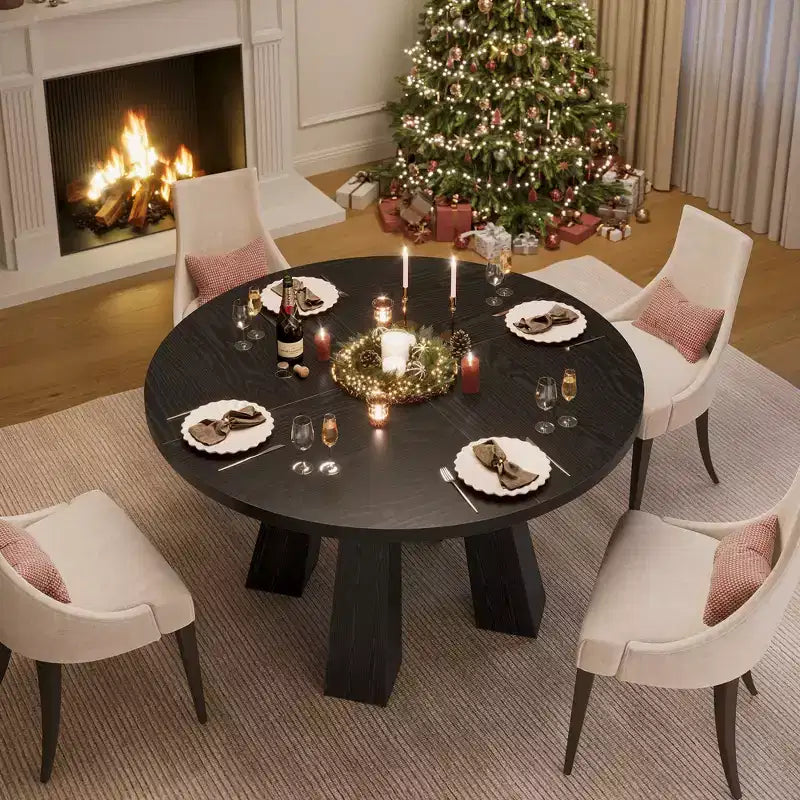 Table à manger ronde style ferme moderne pour 4 à 6 personnes en bois de noyer, piétement robuste à 4 pieds, table circulaire compacte pour cuisine, salle à manger, appartement