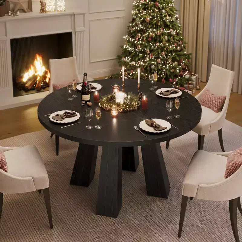 Table à manger ronde style ferme moderne pour 4 à 6 personnes en bois de noyer, piétement robuste à 4 pieds, table circulaire compacte pour cuisine, salle à manger, appartement