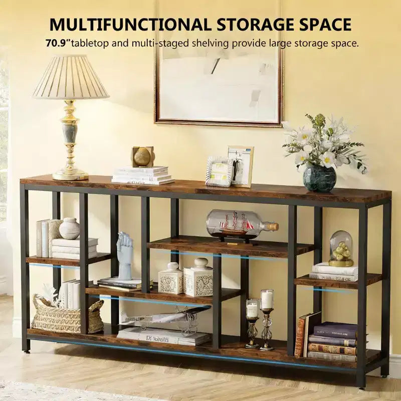 Rustic Console Table Industrial Sofa Side Table Multi Shelf Wood Metal Storage Rack for Living Room Entryway, Black, 70.92*11.82*35.46