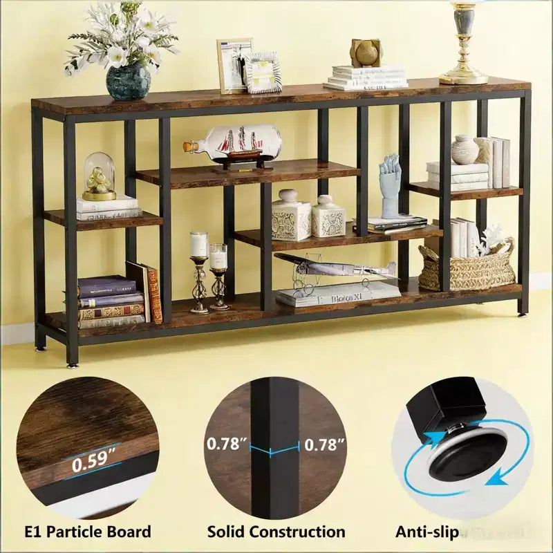 Rustic Console Table Industrial Sofa Side Table Multi Shelf Wood Metal Storage Rack for Living Room Entryway, Black, 70.92*11.82*35.46