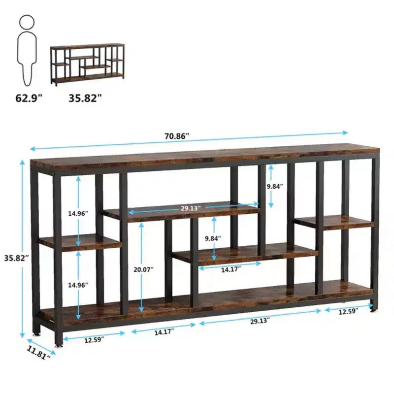 Rustic Console Table Industrial Sofa Side Table Multi Shelf Wood Metal Storage Rack for Living Room Entryway, Black, 70.92*11.82*35.46