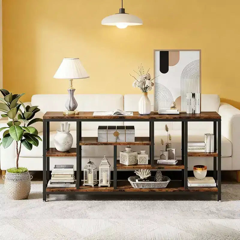 Rustic Console Table Industrial Sofa Side Table Multi Shelf Wood Metal Storage Rack for Living Room Entryway, Black, 70.92*11.82*35.46