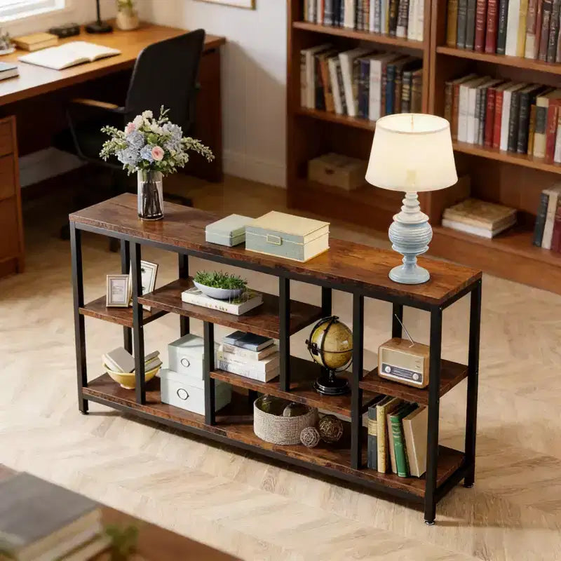 Console rustique Table d'appoint industrielle pour canapé avec étagères multiples en bois et métal, pour salon ou entrée, Noir, 70.92*11.82*35.46