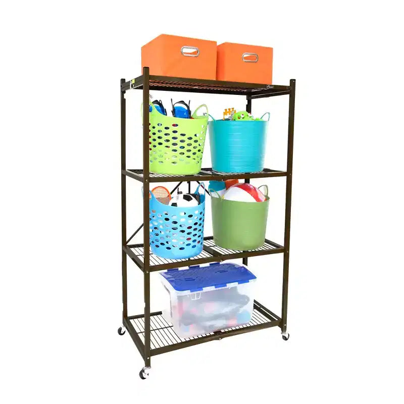 Étagère de rangement pliable polyvalente à 4 niveaux sur roulettes, fournie avec 4 tapis de protection imperméables magnétiques pour étagères en fil métallique, gris
