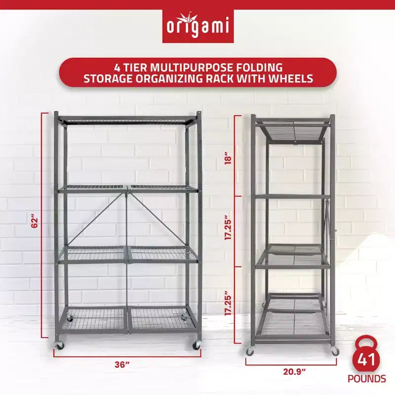 Étagère de rangement pliable polyvalente à 4 niveaux sur roulettes, fournie avec 4 tapis de protection imperméables magnétiques pour étagères en fil métallique, gris