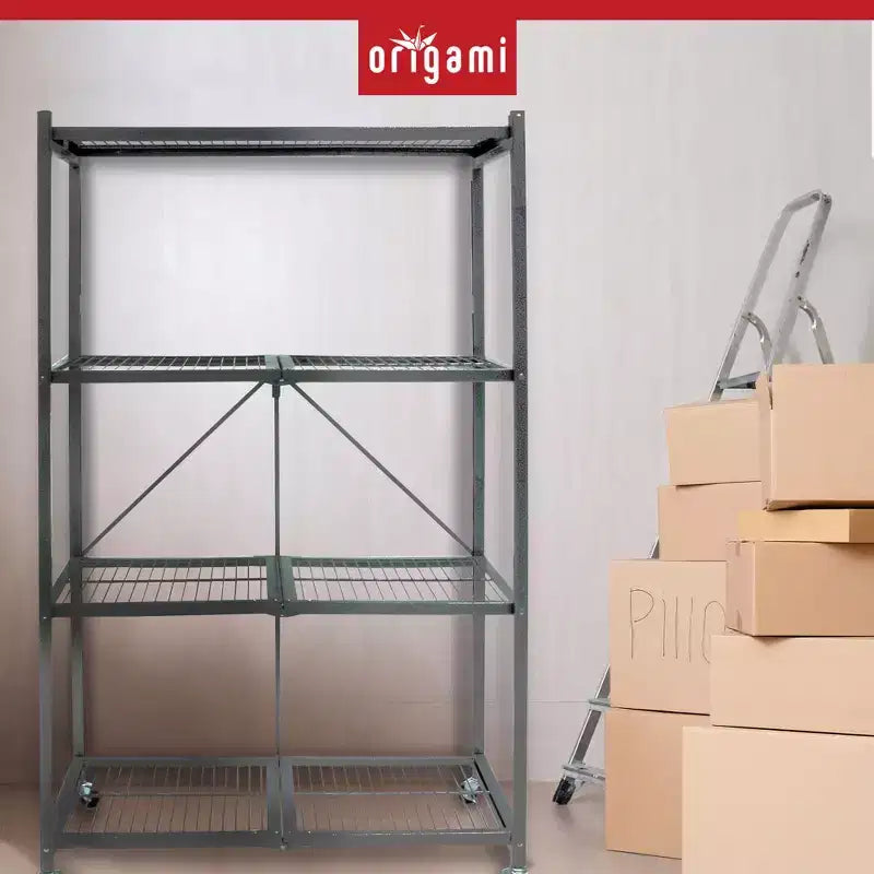 Étagère de rangement pliable polyvalente à 4 niveaux sur roulettes, fournie avec 4 tapis de protection imperméables magnétiques pour étagères en fil métallique, gris