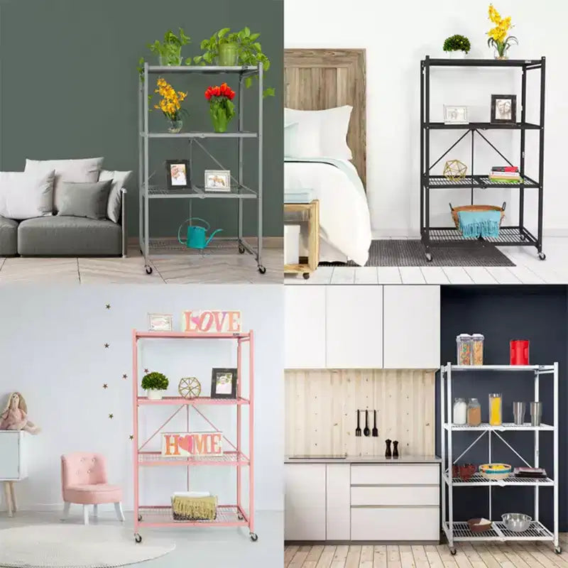 Étagère de rangement pliable polyvalente à 4 niveaux sur roulettes, fournie avec 4 tapis de protection imperméables magnétiques pour étagères en fil métallique, gris