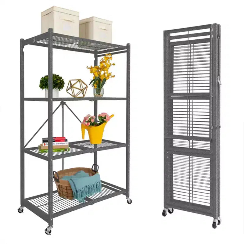 Étagère de rangement pliable polyvalente à 4 niveaux sur roulettes, fournie avec 4 tapis de protection imperméables magnétiques pour étagères en fil métallique, gris