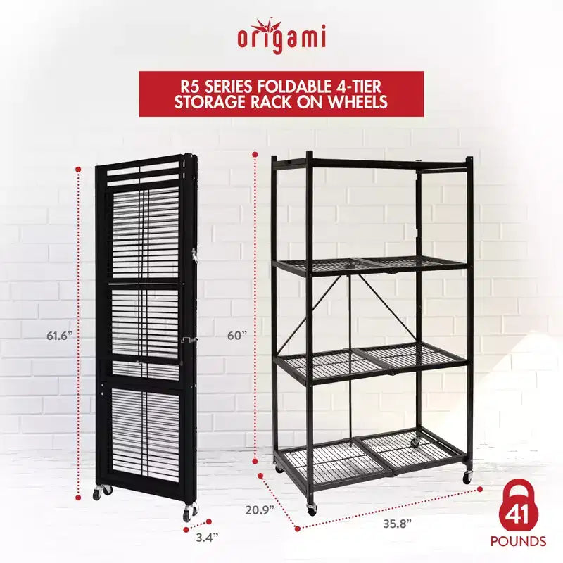Étagère de rangement pliable polyvalente à 4 niveaux sur roulettes, fournie avec 4 tapis de protection imperméables magnétiques pour étagères en fil métallique, gris