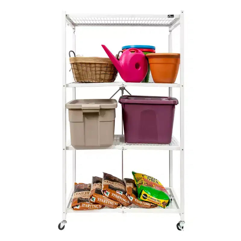 Étagère de rangement pliable polyvalente à 4 niveaux sur roulettes, fournie avec 4 tapis de protection imperméables magnétiques pour étagères en fil métallique, gris
