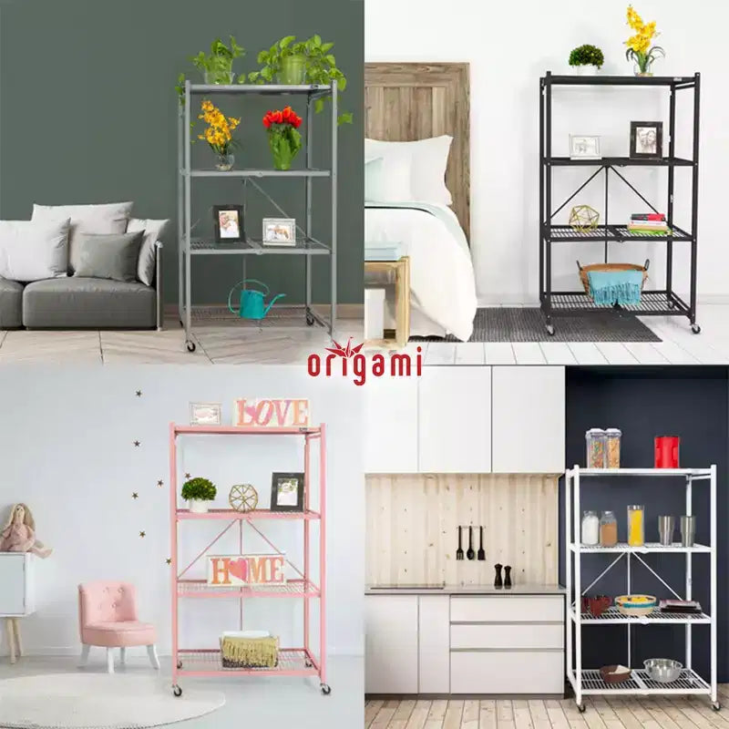 Étagère de rangement pliable polyvalente à 4 niveaux sur roulettes, fournie avec 4 tapis de protection imperméables magnétiques pour étagères en fil métallique, gris