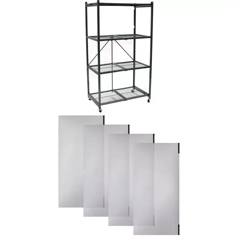 Étagère de rangement pliable polyvalente à 4 niveaux sur roulettes, fournie avec 4 tapis de protection imperméables magnétiques pour étagères en fil métallique, gris