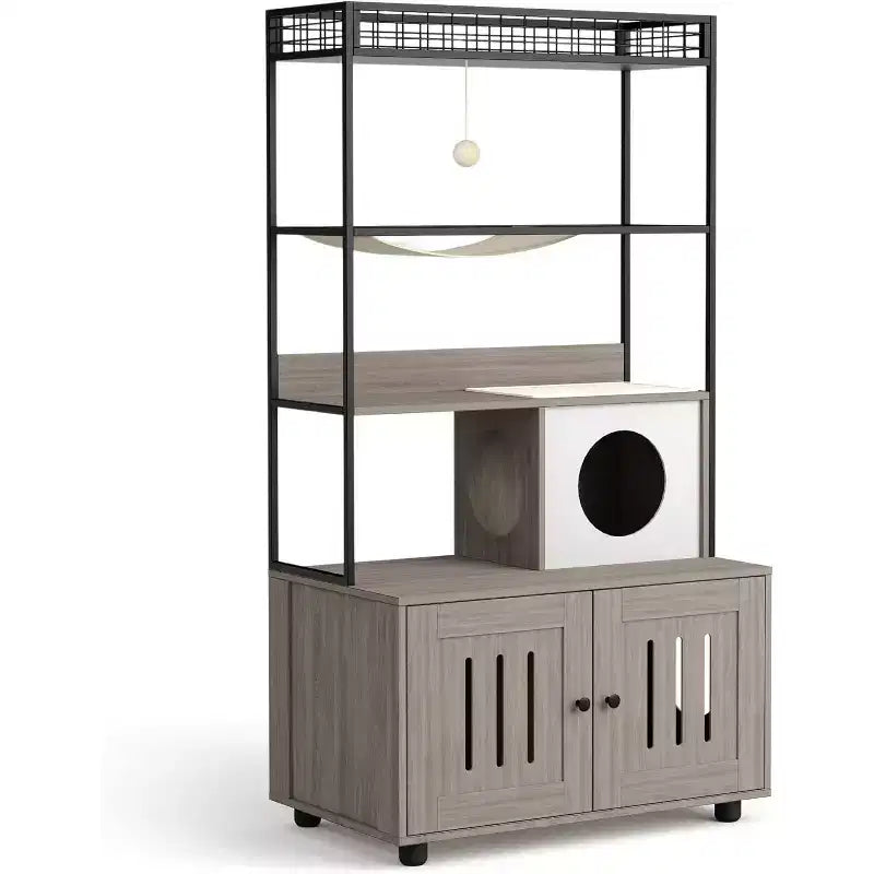 Meuble cache-litière multifonctionnel avec lit pour chat, hamac, tapis à griffer et balle en sisal, meuble pour litière cachée pour grands chats
