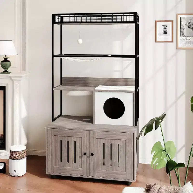 Meuble cache-litière multifonctionnel avec lit pour chat, hamac, tapis à griffer et balle en sisal, meuble pour litière cachée pour grands chats