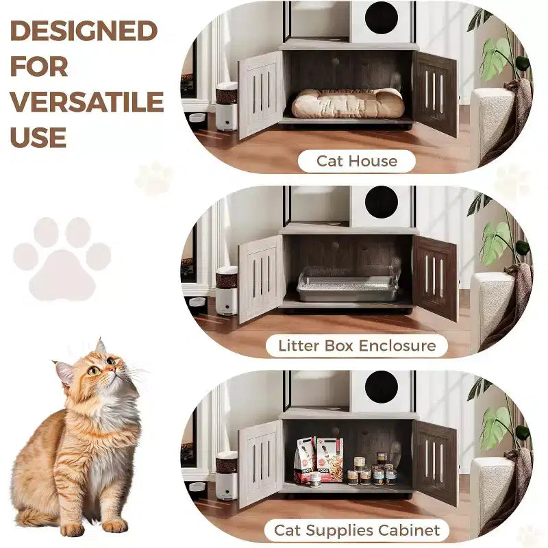 Meuble cache-litière multifonctionnel avec lit pour chat, hamac, tapis à griffer et balle en sisal, meuble pour litière cachée pour grands chats