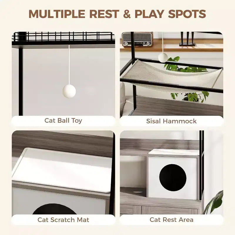 Meuble cache-litière multifonctionnel avec lit pour chat, hamac, tapis à griffer et balle en sisal, meuble pour litière cachée pour grands chats