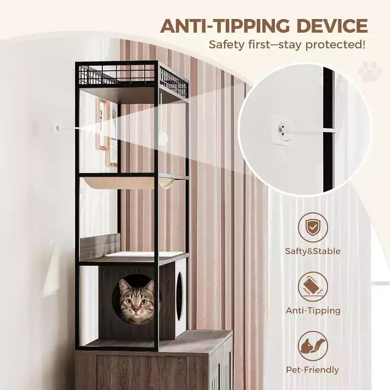 Meuble cache-litière multifonctionnel avec lit pour chat, hamac, tapis à griffer et balle en sisal, meuble pour litière cachée pour grands chats