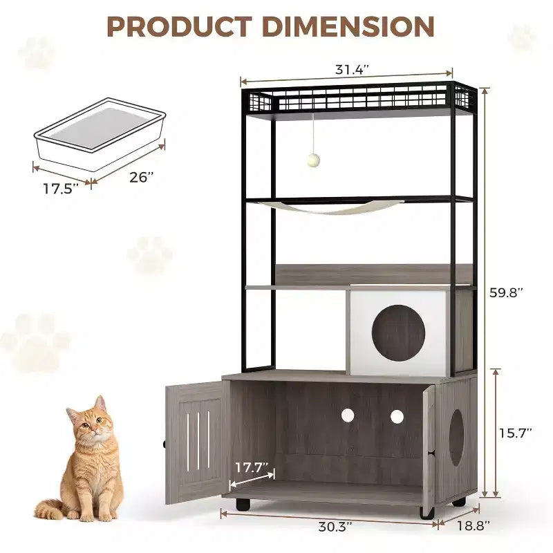Meuble cache-litière multifonctionnel avec lit pour chat, hamac, tapis à griffer et balle en sisal, meuble pour litière cachée pour grands chats