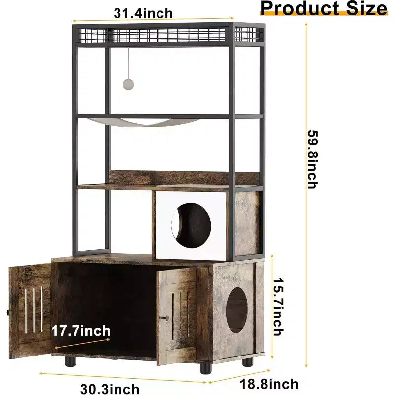 Meuble cache-litière multifonctionnel avec lit pour chat, hamac, tapis à griffer et balle en sisal, meuble pour litière cachée pour grands chats