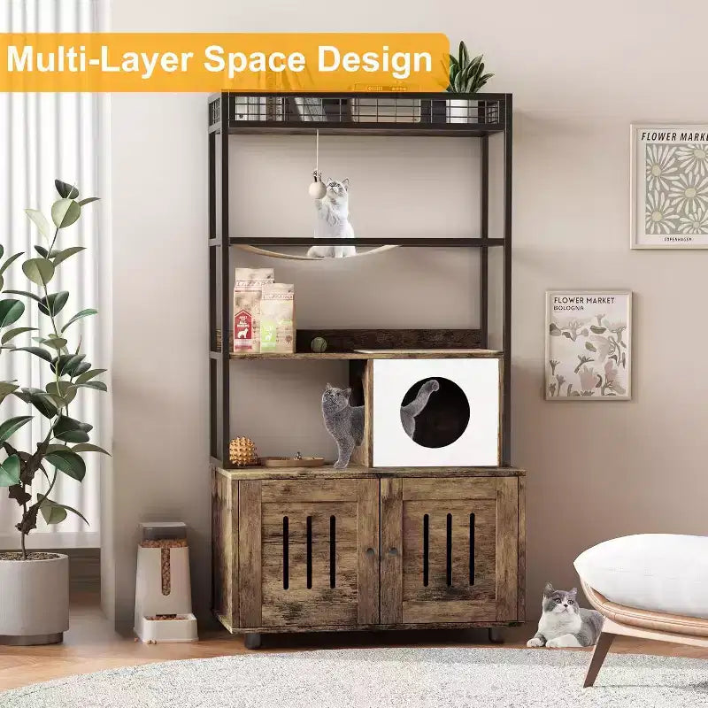 Meuble cache-litière multifonctionnel avec lit pour chat, hamac, tapis à griffer et balle en sisal, meuble pour litière cachée pour grands chats