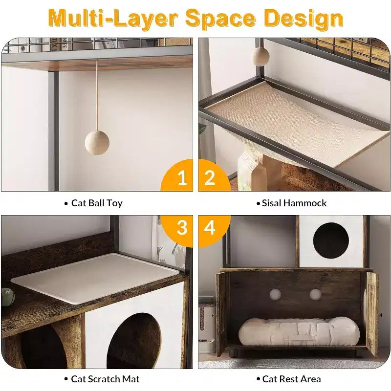 Meuble cache-litière multifonctionnel avec lit pour chat, hamac, tapis à griffer et balle en sisal, meuble pour litière cachée pour grands chats