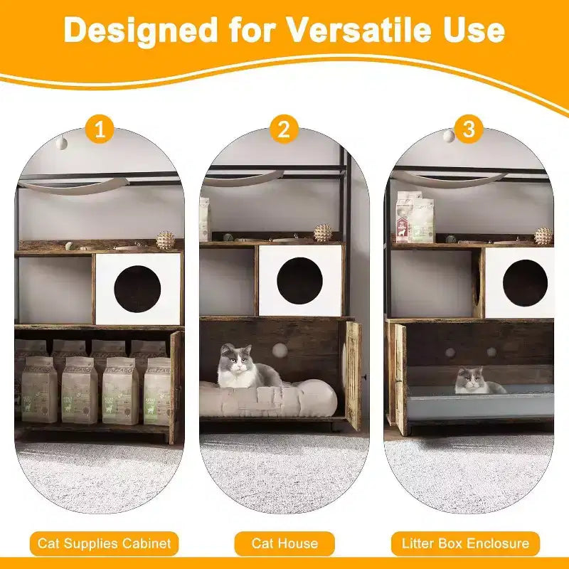 Meuble cache-litière multifonctionnel avec lit pour chat, hamac, tapis à griffer et balle en sisal, meuble pour litière cachée pour grands chats